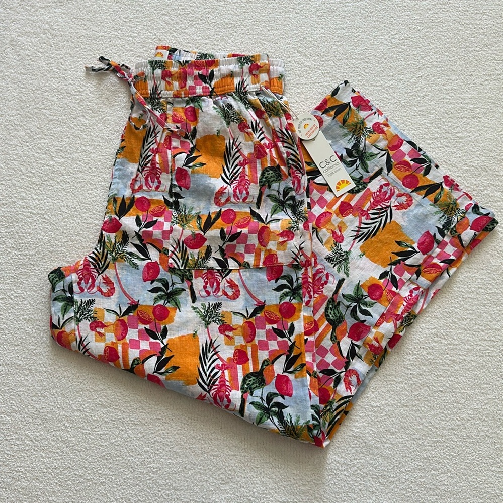 Colorful Floral & Fruit Linen Print Pants Size Medium